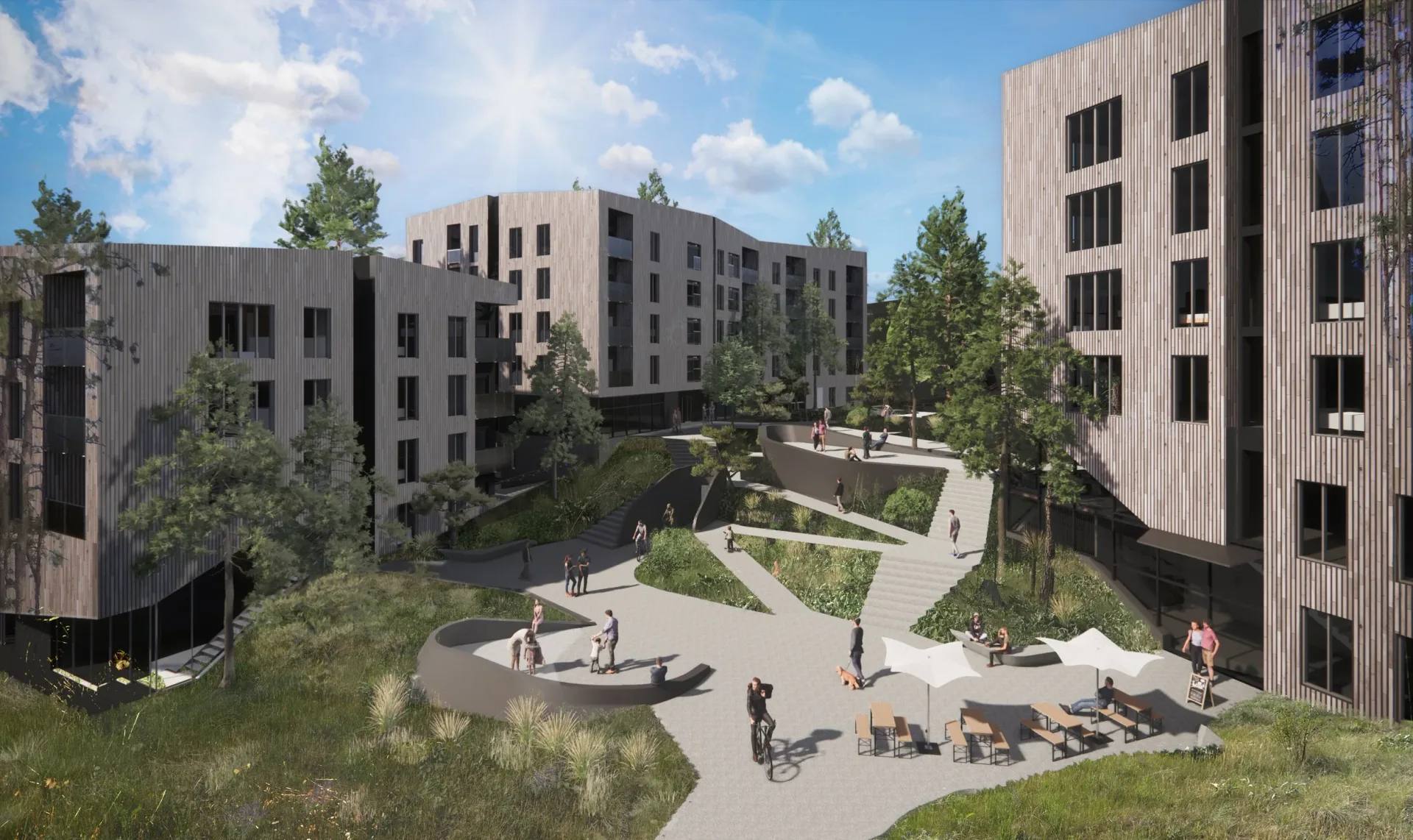Een visualisatie van het studentenhuisvestingsproject in Kelowna: met hout beklede blokken van vier en vijf lagen rond een aangelegde binnentuin met paden, terrassen en dennen.
